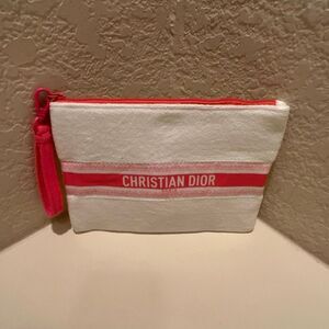 Christian Dior Beauty Terry Cloth Makeup Bag White Coral Stripe Cosmetic Pouch